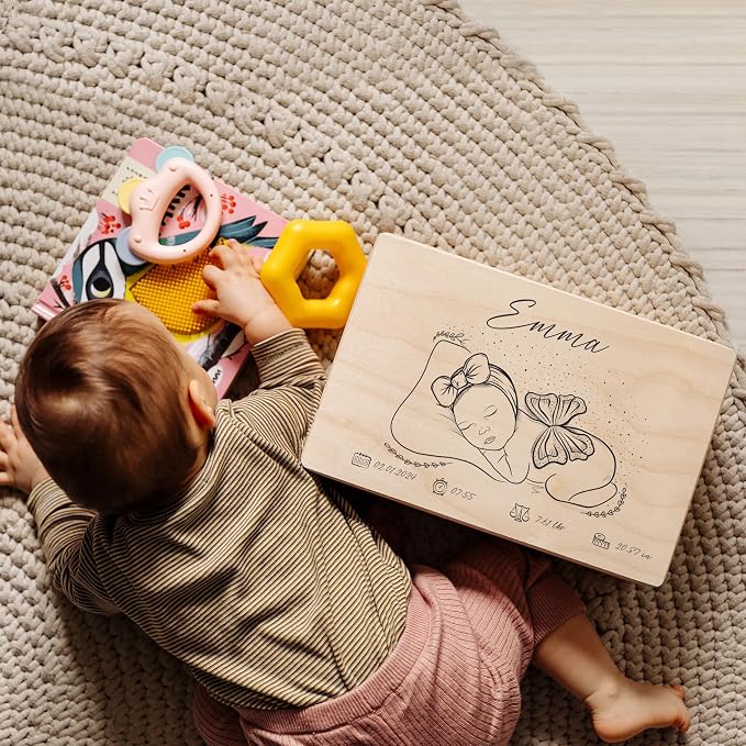 Creative Deco Personalized Wooden Storage Box Baby Memory Box | 11.8x7.87x5.51in (+-0.5) | Hinged Lid Handles Engraving | Boy Girl Birth Baptism | Gift Box | Rough UNSANDED Keepsake Souvenir Chest