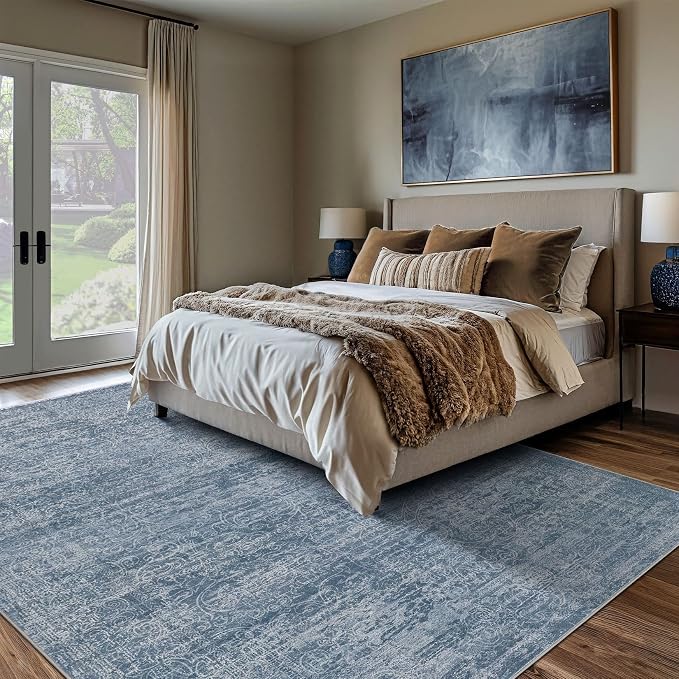 DMOYEST Area Rug Living Room Rugs - 6x9 Washable Large Soft Indoor Neutral Modern Abstract Low Pile Rug Carpet for Bedroom Dining Room Farmhouse Home Office - Dark Blue