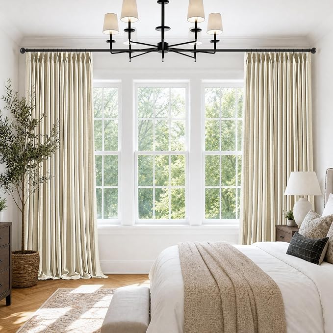 Extra Wide Pleated Linen Curtains 84 Inch 1 Panel Cream Beige Semi Sheer Light Filtering Privacy Pleat Curtains for Living Room Bedroom Memory Trained Shaped Thick Linen Sliding Door Drapes 70x84