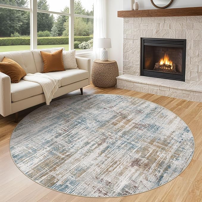 UERMEI 6ft Round Area Rug for Living Room: 6x6 Washable Neutral Abstract Modern Soft Circle Rugs Non Slip Indoor Floor Stain Resistant Carpet for Bedroom Dining Room Office Nursery Blue Brown