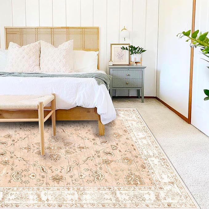 CHAMPLANT Area Rug 10x14 Washable Tangerine Vintage Traditional Mat Distressed Indoor Foldable Thin Retro Accent Floral Non Slip Carpet for Living Room Dining Room Office