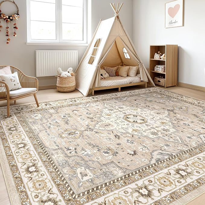 10x14 Area Rugs Living Room: Washable Boho Large Neutral Vintage Soft Rug Stain Resistant Farmhouse Non-Slip Indoor Floor Carpet for Bedroom Nursery Kids Playroom Office Dining Room- Beige Grey