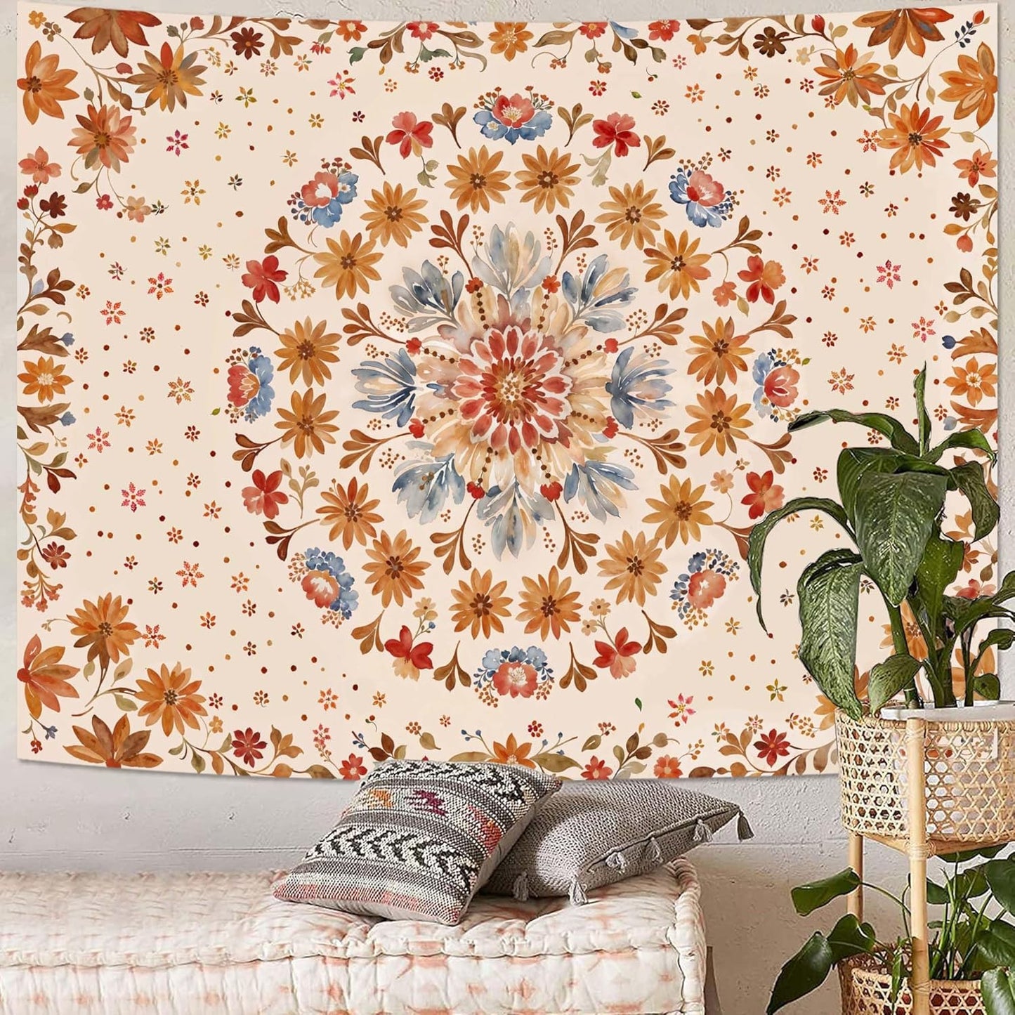 Boho Floral Mandala Tapestry Wall Hanging Watercolor Bohemian Flower Medallion Tapestry Aesthetic Beige Orange Hippie Indian Extra Large Tapestries for Bedroom Living Room Dorm Decor 90 x 68 Inch