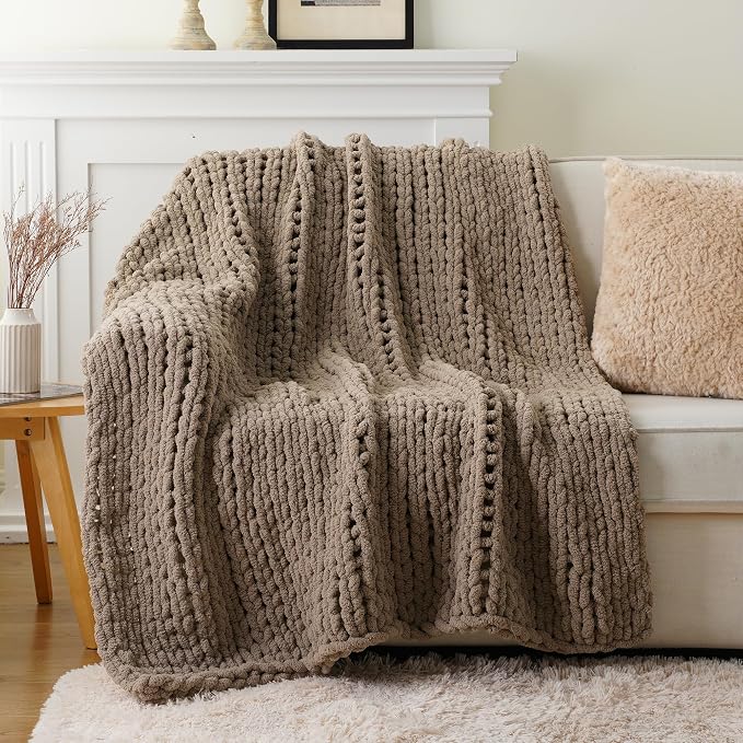 Battilo Beige Chunky Knit Throw Blanket, Soft and Thick Taupe Chenille Throw Blanket, 50"x60" Handmade Cable Knit Crochet Blanket, Cozy Knot Knitted Throw Blankets for Couch Home Decor, Taupe