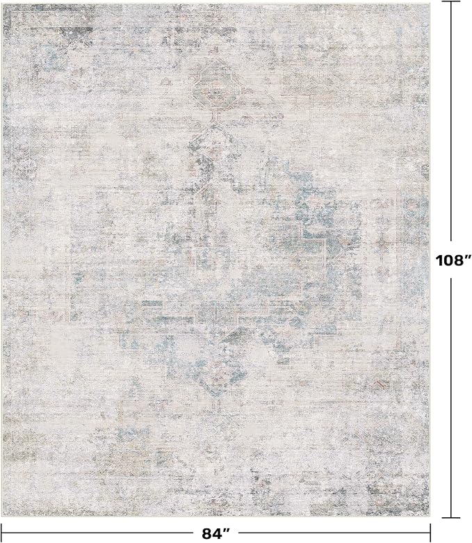 Hazo Haus Blue Farmhouse Area Rug for Bedroom - 7x9 Washable Rug for Dining Room Table, Ultra-Thin Soft Textured Boho Abstract Blue and Gray Indoor Decor, Fade & Stain Resistant
