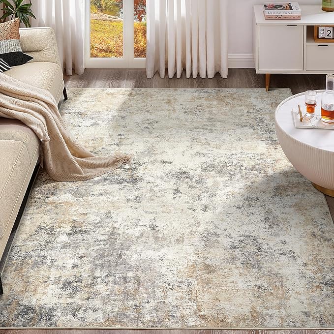 UERMEI 7x10 Area Rug Living Room Rugs - Washable Neutral Modern Abstract Soft Thin Large Rug Indoor Floor No Slip Rug Carpet for Bedroom Under Dining Table Home Office Decor - Golden Grey