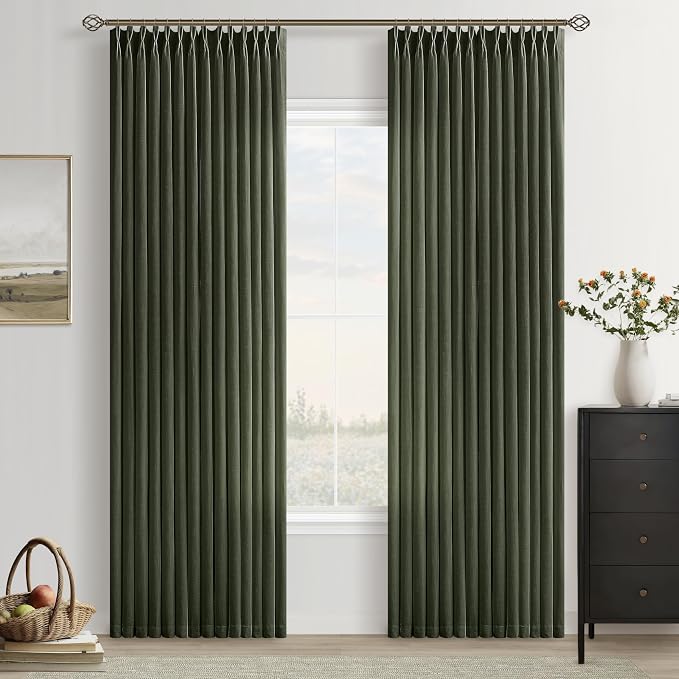 Rifle Green Linen Pinch Pleat Curtains 84 Inches Long for Living Room Pinch Pleated Drapes Hooks Rings Back Tab Farmhouse Light Filtering Semi Sheer Dark Olive Hunter Green Curtains Dining Bedroom