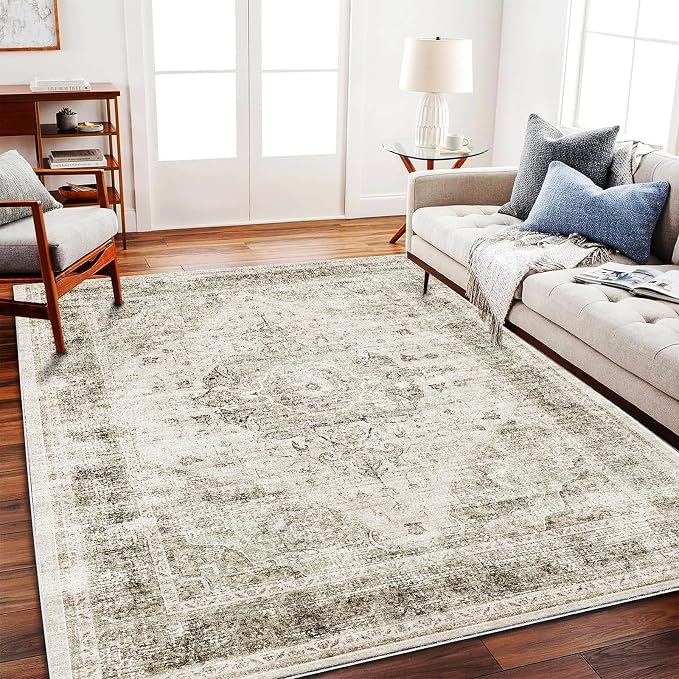CHAMPLANT Washable Area Rug 9'x12' Retro Floral Khaki Boho Design Non-Shedding Easy Care Ideal for High Traffic Areas in Living Room Bedroom Office Coffee Table Kitchen Large Carpet