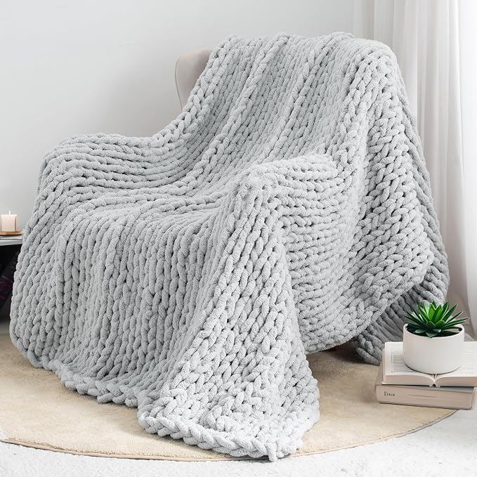 Chunky Knit Throw Blanket 50x60, 100% Handmade Chenille Yarn | 4.4lbs Soft Thick Cable Knitted Blankets, Large Rope Knot Crochet Throws for Couch Sofa Bed Machine Washable, Grey