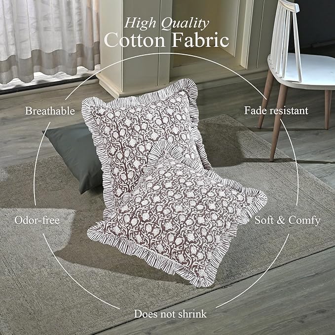 CPC Mocha Regal Hand Block Print 100% Cotton Ruffle Throw Pillow Cover 24x24 inch with Hidden Zipper Decorative for Couch, Bed, Sofa, Farmhouse, Cottagecore Decor Gift Christmas Fall Thanksgiving