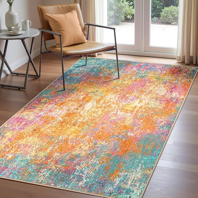 RELEANY Washable Area Rugs 3'x5' Non-Slip Modern Abstract Soft for Living Room Entryway Bedroom Nursery, Print Pattern, Orange Blue Pink Yellow Colorful