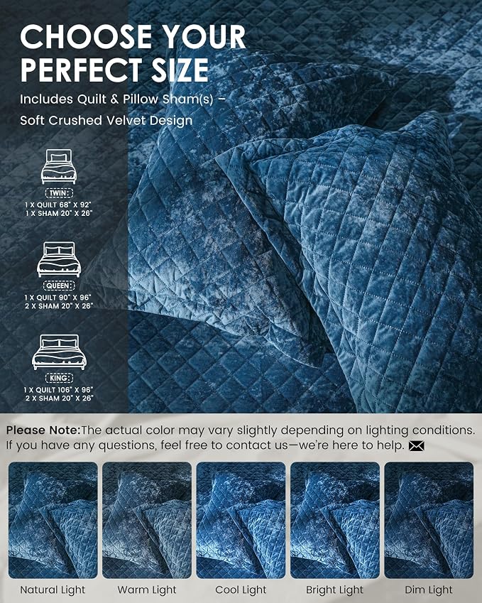 Velvet Quilt Set King Size– 3 Piece Crushed Velvet Bedding with Shams, All Season Soft Bedding Set, Machine Washable, Oeko-TEX Certified & Gift-Worthy Design (Deep Blue)