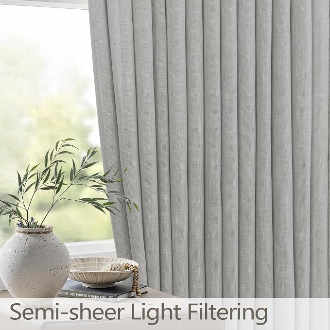 White Grey Living Room Curtains 84 Inch Length 2 Panels Pinch Pleat Back Tab Cotton Textured Linen Pleated Drape Semi Sheer Filtering Light Gray Curtain for Bedroom Farmhouse Mid Century 84 Long Dove