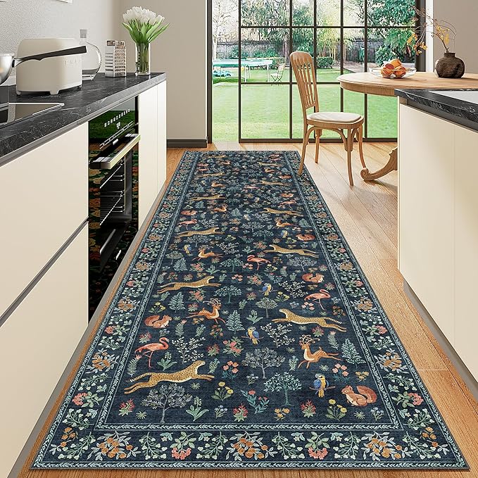 DUKINO 3x10 Washable Runner Rug for Hallway, Lightweight Loog Kitchen Rug with Low Pile Design, Vintage Animal Non Shedding Thin Indoor Carpet for Entryway, Bathroom, Bedroom, Laundry Room, Navy Blue