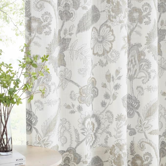 Kayne Studio Pinch Pleated Jacobean Floral Light Filtering Window Curtains Boho Botanical Leaf Printed Vintage Farmhouse Linen Grey Back Tab Window Treatment Set Living Room Bedroom,40"x90",2 Panels