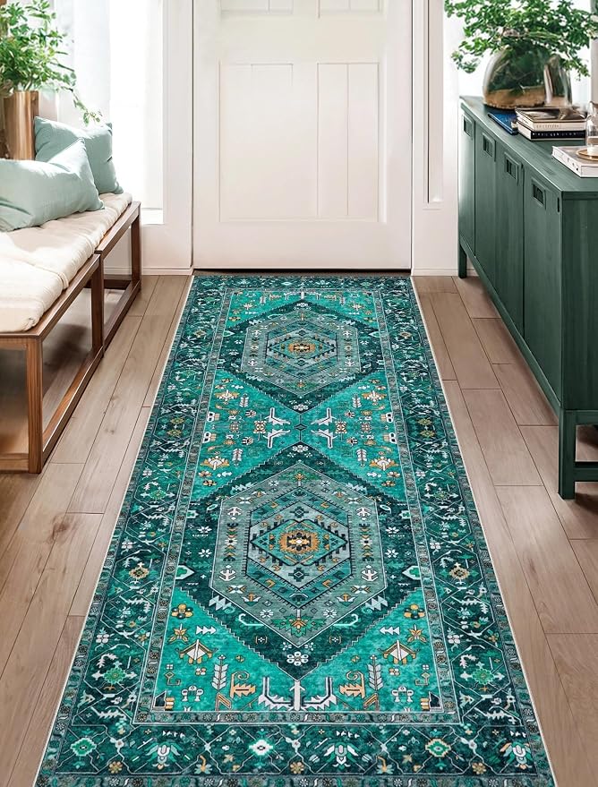 SERISSA Boho Washable Runner Rug, 2x5 Rug Runner Non-Slip Vintage Teal Hallway Kitchen Runner Rug Ultra Soft Print Distressed Tribal Floor Carpet Runner for Bedroom Bathroom Laundry Living Room