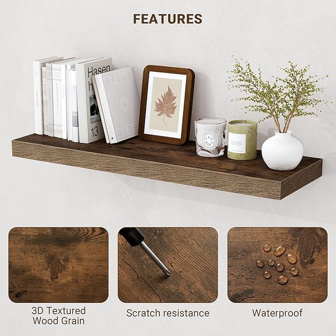 Acovy 40 Inch Floating Shelves, 3D Textured Wood Grain, 40"x9.25"x1.5" Inch Deep Floating Shelves for Wall, Wooden Shelves for Bathroom, Bedroom, Living Room, Brown, 1 Piece