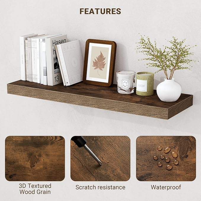 Acovy 32 Inch Floating Shelves, 3D Textured Wood Grain, 32"x9.25"x1.5" Inch Deep Floating Shelves for Wall, Wooden Shelves for Bathroom, Bedroom, Living Room, Brown, 2 Pieces