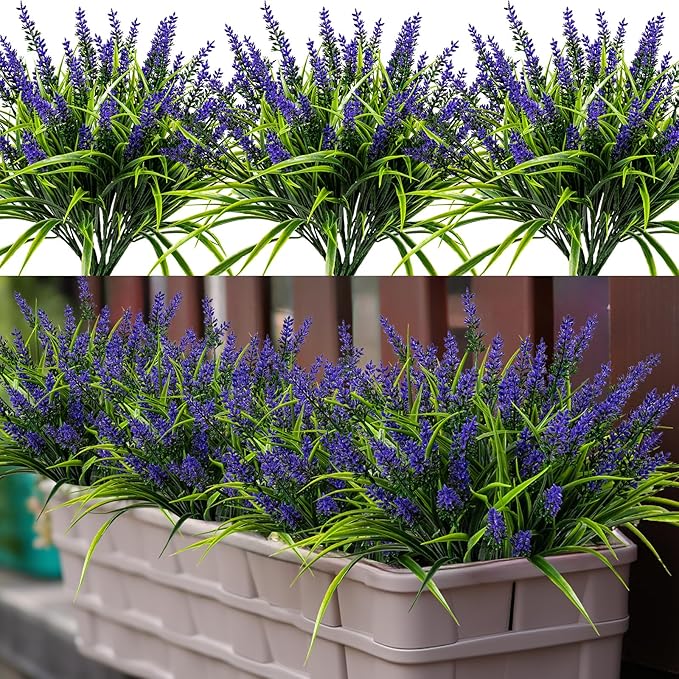 Nigirior Artificial Flowers for Outdoor Plants 24 Bundles Fake Lavender Plastic Faux Monkey Grass for Verandah Window Garden Office Patio Front Porch UV Resistant for Planter(Purple)