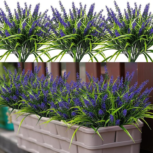 Nigirior Artificial Flowers for Outdoor Plants 24 Bundles Fake Lavender Plastic Faux Monkey Grass for Verandah Window Garden Office Patio Front Porch UV Resistant for Planter(Purple)