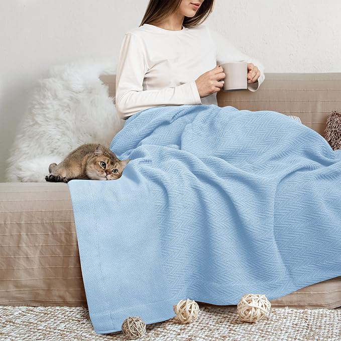 THREAD SPREAD 100% Pure Cotton, Luxury Twin/Twin XL Size Light Blue Blanket - Herringbone Pattern, Soft & Cozy Premium Fall Throw Blanket for All Seasons, 350 GSM & 68 x 92 with Free Tote Bag