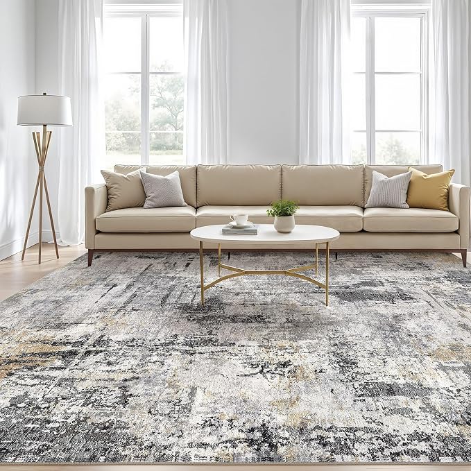 9x12 Area Rug Living Room: Washable Large Abstract Soft Stain Resistant Indoor Floor Rugs Non-Slip Accent Carpet for Bedroom Nursery Playroom Office Dining Room Home House- Gray Beige