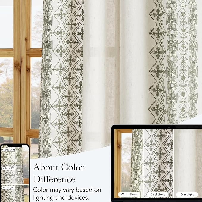 NICETOWN Sage Green Floral Embroidered Linen Curtains 84 inch Long - Gorgeous Drapes for Airy Living Room, Boho Style Bronze Grommet Heavy Linen Beautiful Home Decoration, W52 x L84, 2 Pcs