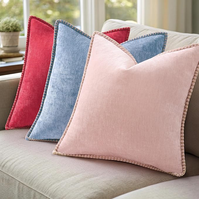 decorUhome Chenille Soft Cozy Throw Pillow Covers 22x22 Set of 2, Modern Farmhouse Boho Velvet Decorative Euro Sham Pillow Cases with Stitched Edge for Couch Sofa Bed Home Decor, Christmas Red