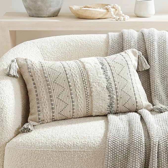 BlissBlush 12x20 Lumbar Pillow Cover, Cream Neutral Rectangular Decorative Cushion Cover with Gray Pattern, Boho Accent Pillowcase with Tassels for Couch Sofa Living Room (Cover Only)