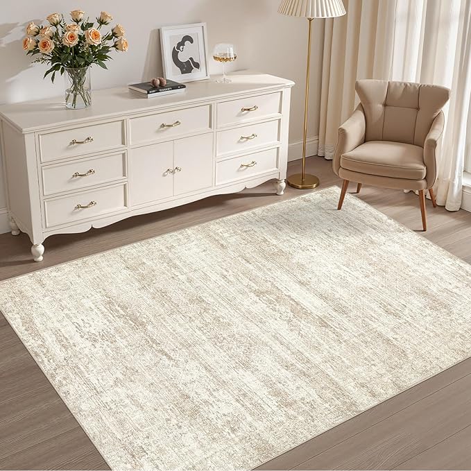 UERMEI 4x6 Area Rug Living Room Rugs - Washable Neutral Modern Abstract Soft Thin Rug Indoor Floor No Slip Rug Carpet for Bedroom Under Dining Table Home Office Decor - Beige/Brown