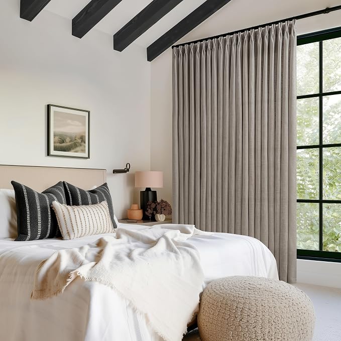 Pinch Pleated Linen 96 Inch Curtains 50 Inch Width for Living Room Divider Light Filtering Thick Taupe Linen Extra Wide Patio Curtains for Sliding Door Balcony Floor to Ceiling Window 1 Panel