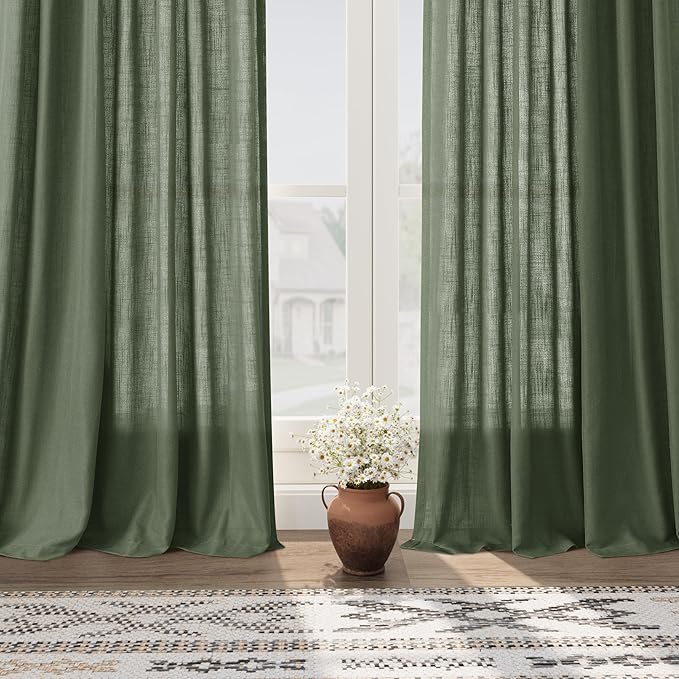 Nanspring Olive Green Linen Blend Semi Sheer Light Filtering Curtains 86 Inches Long 2 Panel Set Pocket Back Tab Privacy Home Decor Curtain Drapes for Bedroom Living Room 52x86
