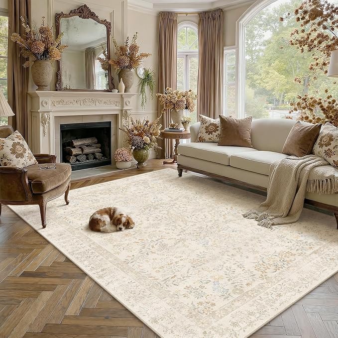 PureCozy 9x12 Beige Area Rug for Living Room Bedroom Washable Vintage Floral Carpet Low Pile Non Slip Botanical Aesthetic Large Dining Room Soft Accent Throw Rug Nursery Office Indoor