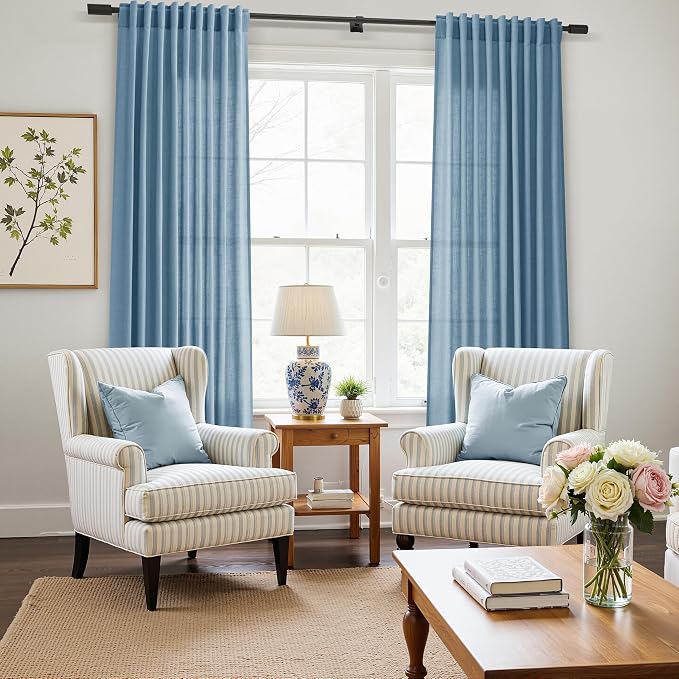 Nanspring Blue Linen Curtains 50 x 96 inches Long Living Room Back Tab Rod Pocket Semi Sheer Curtain Boho Modern Privacy Light Filtering Thick Linen Drapes for Bedroom, Blue, Set of 2 Panels