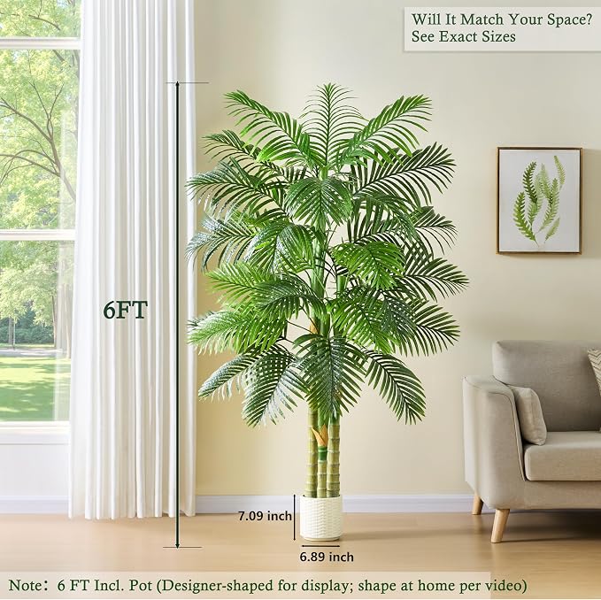 Artificial Golden Cane Palm Tree：6T Fake Large Tropical Areca Palm Trees Tall Faux Silk Plant in White Pot with Realistic Triple Textured Trunks for Office Outdoor Home Decor Hotel Patio Lobby