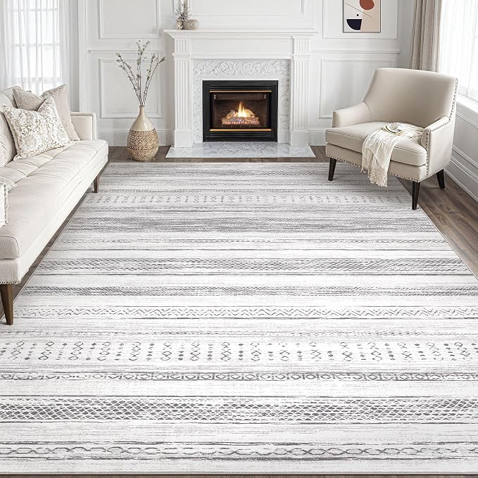 Tortania Area Rug Living Room Rugs - 9x12 Washable Large Soft Neutral Boho Moroccan Bohemian Farmhouse Rug Indoor Floor Carpet for Bedroom Under Dining Table Home Office Decor - Light Grey