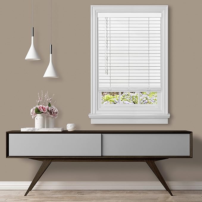 Cordless Room Darkening Plantation Blind - 46 Inch Width, 64 Inch Length, 2" Vinyl Slat Size - White - GII Madera Falsa Faux Wood, Light Filtering Horizontal Windows Blinds by Achim Home Decor