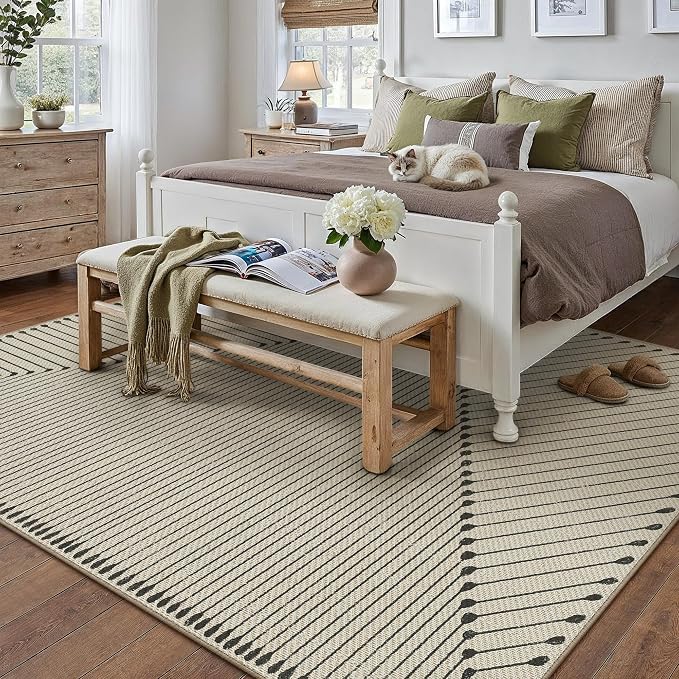 HUGEAR 5'x7' Outdoor Rug Black Geometric Waterproof Patio Rugs Linen-Look Modern Area Rug Outside Floor Mat for Camping RV Deck Porch Balcony Backyard Beach Picnic Carpet Decor