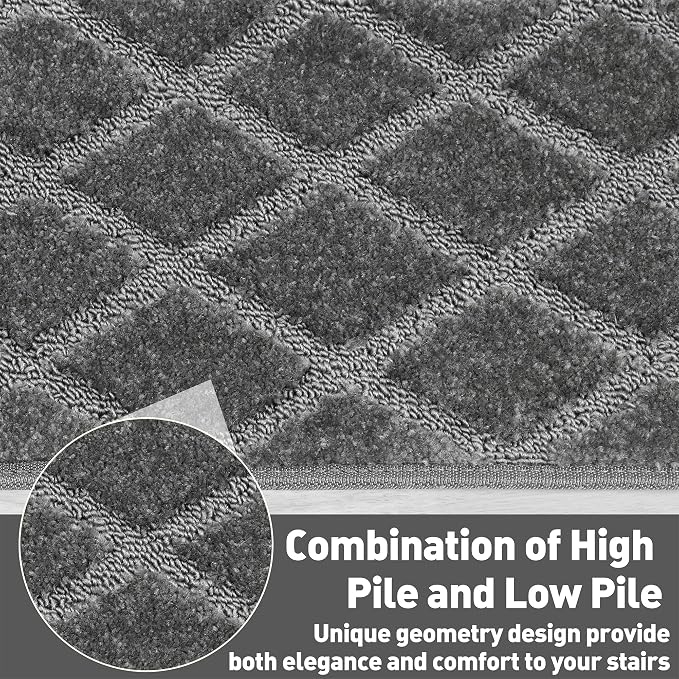 PURE ERA Bullnose Carpet Stair Treads Set Tape Free Non-Slip Indoor Stair Protectors Pet Friendly Rugs 9.5" x 30"(14 Pieces,Grey Diamond Trellis)