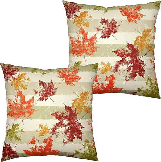 2 Pack of Thanksgiving Maple Leaves Pillow Covers 20x20 Fall Outdoor Throw Pillow Covers Green Beige White Stripes Pillow Case Autumn Cotton Linen Pillow Covers for Couch Patio Home Decor