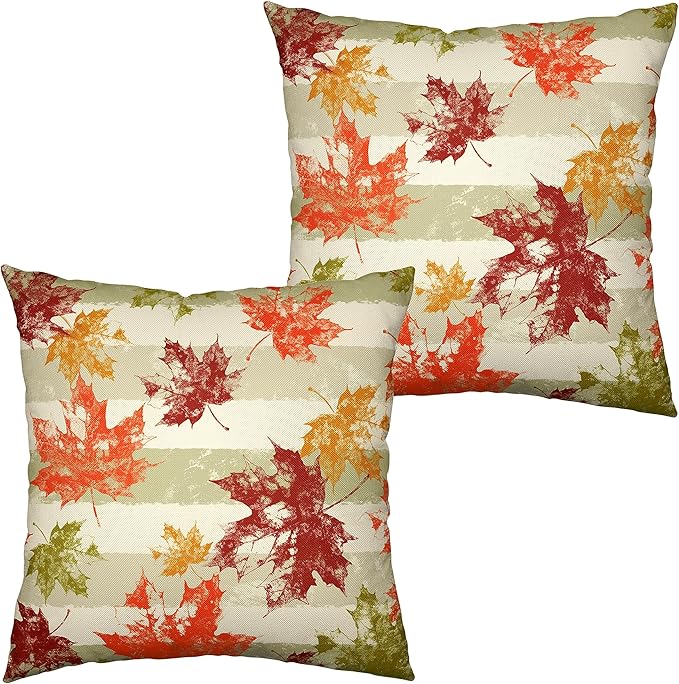 Thanksgiving Fall Pillow Covers 18x18 Set of 2 Red Maple Leaves Throw Pillow Covers Green Grey White Stripes Outdoor Pillow Covers Colorful Autumn Pillowcase for Patio Home Decor Couch