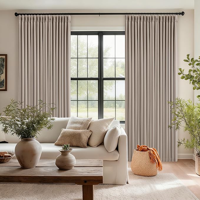 Pinch Pleated Blackout 102 Inch Bedroom Curtains 2 Panels Set Linen Dual Layer Soundproof Farmhouse Window Drapes for Living Room with Hooks Rings Back Tab 100% Black Out Window Drapes 40x102