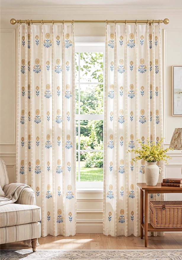THREE GIRLS Pinch Pleated Light Filtering Linen Blend Floral Block Print Curtains for Living Room, Bedroom, Farmhouse, Memory Trained, Hooks, 2 Panels Set, 40"x95", Yellow