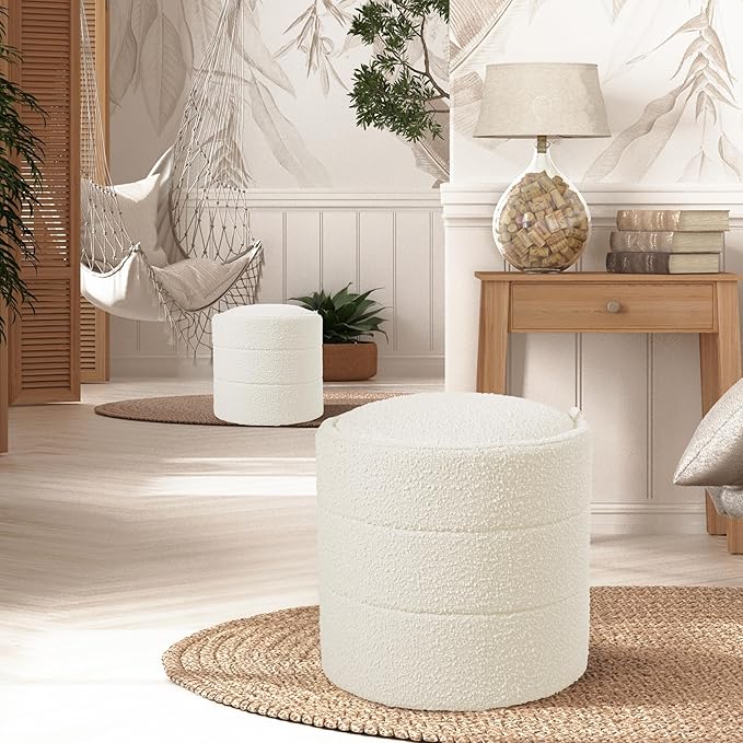 HomePop Storage Round Ottoman with Removable Lid |Homepop Home Décor|Upholstered Round Foot Rest Ottoman - Cream Boucle