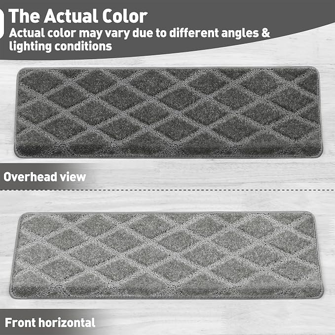 PURE ERA Bullnose Carpet Stair Treads Set Tape Free Non-Slip Indoor Stair Protectors Pet Friendly Rugs 9.5" x 30"(7 Pieces,Grey Diamond Trellis)