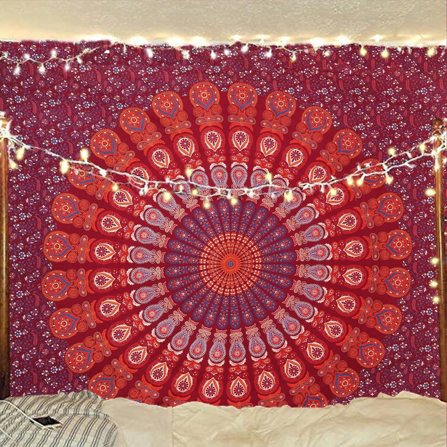 Bless International Handmade Indian hippie Bohemian Psychedelic Peacock Mandala Wall hanging College Dorm Beach Throws Table Cloth Bedding Tapestry (Blue Red, King(88x104Inches)(225x265Cms))