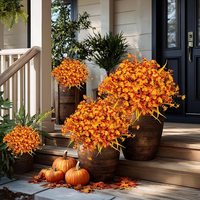 AXYLEX Artificial Mums for Outdoor Fall Flowers - Fake Plants UV Resistant No Fade Faux Plastic Home Decor Garden Porch Patio (1, OrangeMixed)
