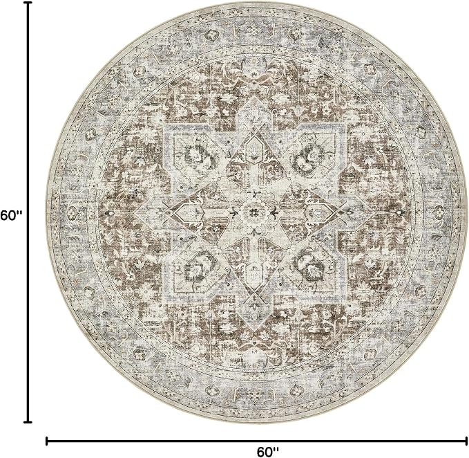 Tortania 5' Round Area Rug Living Room Rugs - Washable Boho Rug Vintage Oriental Distressed Farmhouse Large Thin Indoor Carpet for Bedroom Under Dining Table Home Office - Brown Blue