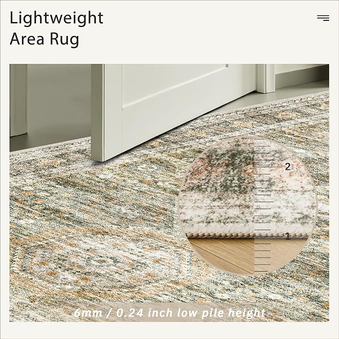Soalmost 5x7 Area Rugs Green Orange Low Pile Indoor Washable Trendy Faded Style Rugs for Bedroom Living Room Dining Room Foldable Non-Slip Thin Print Mat