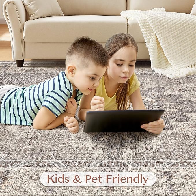 Tortania Area Rug Living Room Rugs - 10x14 Washable Boho Rug Vintage Oriental Distressed Farmhouse Large Thin Indoor Carpet for Living Room Bedroom Under Dining Table Home Office - Taupe Brown